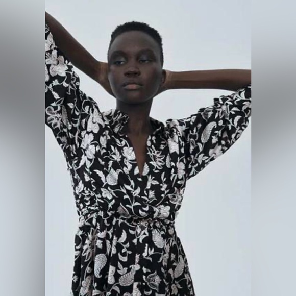 Zara Dresses & Skirts - ZARA Floral Satin Effect Long Sleeve Shirt Dress Black White Size XL Fall Style